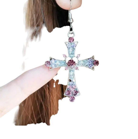 NEW Pink & Clear Rhinestones Cross dangle earrings - Picture 2 of 9